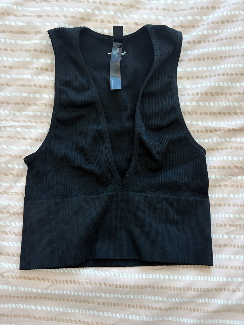 Urban Outfitters Black Ribbed Deep V Crop Tank Top - Women's